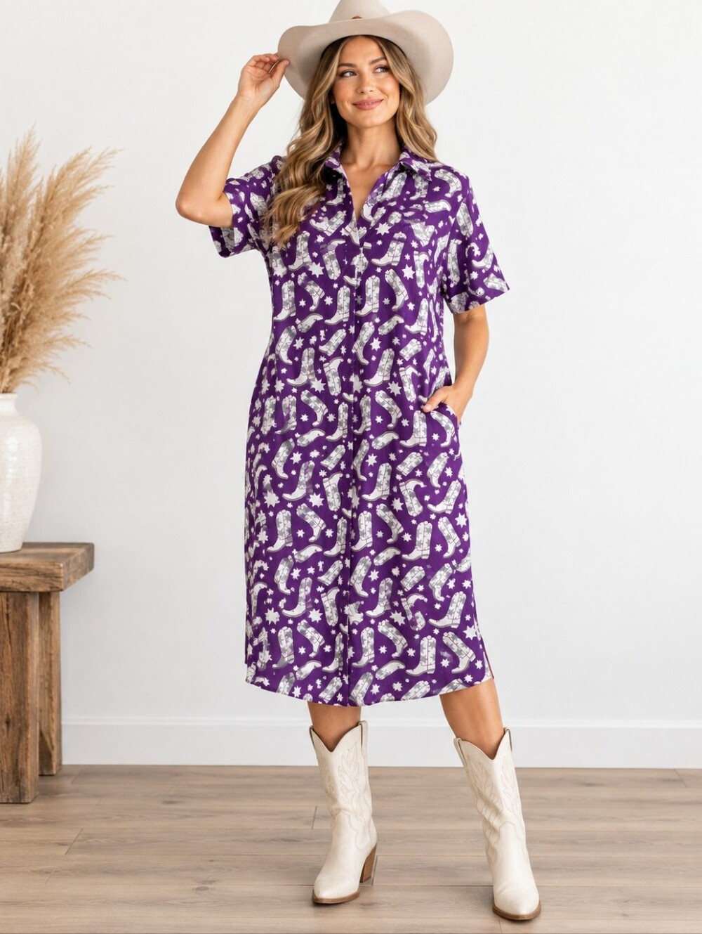 Layerz Clothing Cowboy Boot Star Print Shirt Dress M Purple Western NWT